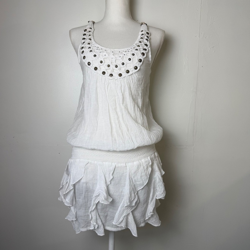 Y2K White Gauze Studded Crochet Mini Dress Ruffle Smocked Waist Beachy Size M